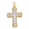 Detail of gold cross pendant featuring micro-pave white zircon stones on white background - Luxury Gold Full Zirconia Cross-Baguette Cut Deco
