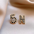 18K gold plated asymmetric earrings with number 5 and letter N in black gold stripe style - 18K Gold Plated - Gold-Black