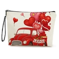 Neceser de lona color crema con estampado de camión rojo de San Valentín y rosas - Camión Retro (xy-066-1) / Con Correa de Muñeca