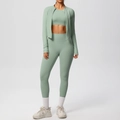 Three-piece sage green yoga set with high waist leggings and zippered athletic jacket - S / Basil Green