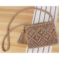 Beige cotton woven boho crossbody bag with fringe tassels and metal zipper closure - Handheld/Crossbody Dual-use / Gray