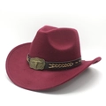 Detail of burgundy wool western cowboy hat featuring a vintage bull head buckle and leather band - M (56-59cm) / Burgundy