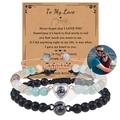 Projection photo bracelet set with natural black and blue beads and heart charm - Amazonite Style Blue & Matte Black Set (Couple Bracelet-6)