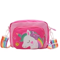 Pink cartoon unicorn kids crossbody bag with rainbow striped shoulder strap and double zipper - Unicorn / Rose Red