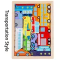 Large 3D cartoon wooden puzzle with colorful vehicles including bus, plane, and ship - Large Transportation Style