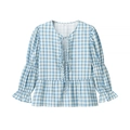 Blusa a quadretti bianchi e blu con scollo a V, fiocchi e orlo a peplo a balze - S / Azzurro