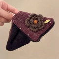 Handmade knitted triangular hair claw with purple coffee fabric and brown crochet flower - Hair Claw Brown-Wine Red