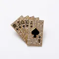 Zinc alloy poker royal flush brooch set with gold finish and sparkling rhinestones - Gold