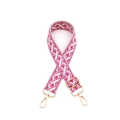 Détail de la bandoulière tisse rose et beige avec mousquetons en métal doré brillant - Quincaillerie Dorée / Rose Rouge