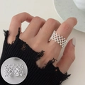 Minimalist silver wide mesh woven open ring featuring a delicate beaded lattice design - Open Adjustable / Bead Linked Wide Mesh Style (JZ7830)