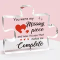 Detailed view of puzzle-shaped clear acrylic plaque with romantic text and a red heart - Romantic Missing Piece Style (Q16)