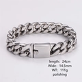 Pulsera de cadena cubana para hombre en acero inoxidable pulido, 14,5 mm de ancho y 24 cm - 14.5mm / Color Acero (Pulido)