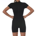 Body de yoga acanalado negro de manga corta con cremallera frontal y cuello alto - S / Negro
