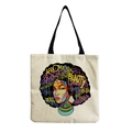 Detail of artistic canvas tote bag with colorful portrait print and black handles - Afro Lady Portrait-Inspirational Words