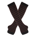 Detail of knitted black and red striped arm warmers with thumb holes and fingerless design - Coffee and Black Stripe