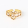 Detailed view of a gold-plated heart ring with shimmering white zircon stones inlay - Adjustable Open / Heart Baguette Stone Style(XJZ38)