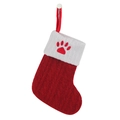 Red knit Christmas stocking with white cuff and red paw print embroidery for pets - Paw