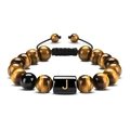 Adjustable tiger eye beaded bracelet with letter J charm and woven black cord - Letter J