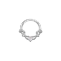 Silver piercing ring with a central heart crystal and side floral leaf patterns - Rose White Heart / Silver