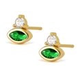 Detailed macro shot of marquise-cut emerald stud earrings with gold plating and white stones - Gold Green Zirconia