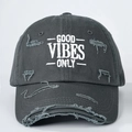 Detail of Good Vibes Only embroidery and distressed rips on charcoal baseball cap - One Size / Dark Gray