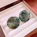 Retro round stud earrings featuring green and brown marble resin textures in a wooden box - 110# Silver Needle - Green - Marble Round