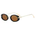 Vintage oval sunglasses with wide black frame, brown lenses and slim gold metal temples - Black Frame Tea Lens