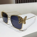 Quadratische Gold-Sonnenbrille mit Kristall-Schmetterling und dunklen Gläsern - Vollgrau