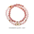 Detailed shot of strawberry quartz bracelets with gold bow charms and pink zircon beads - Freshwater Pearl Strawberry Quartz Bow Style (WB335)