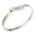 Polished silver stainless steel bangle with rectangular zircon stones in 45-degree view - Double Rectangle Zirconia Style (B428S) / Silver