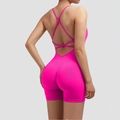 Hot pink yoga romper with scrunch butt detail and crisscross back straps - S / Rose Red