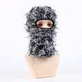 Black and white chunky knit balaclava mask with fuzzy textured fringe detail - Black + White