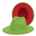 Detail of wool fedora hat showing contrast grass green top and red underside wide brim - M (56-58cm) / Fruit Green and Red