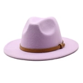 Detail of lavender wool fedora hat featuring a stylish snakeskin band and gold buckle - M (56-58cm) / Taro Purple