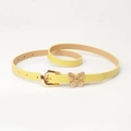 Slim yellow leather belt for women featuring a gold butterfly buckle and polished finish - Light Yellow