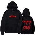Sweat à capuche noir à cordon avec imprimé cerise et texte vues de face et de dos - Noir