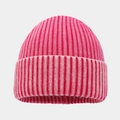 Close-up of deep pink ribbed knit beanie showing soft wool texture and warm cuff detail - One Size / Rose Red