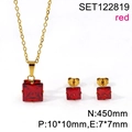 Square red zircon necklace and earrings set in golden stainless steel finish - Gold-Red Stone