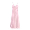 Elegant pink satin midi dress with V-neckline and criss-cross back straps for women - Pink