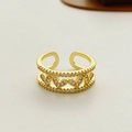 Golden double-layer ring with heart-shaped design and cubic zirconia pavé setting - Gold - Double Layer Heart with Diamonds