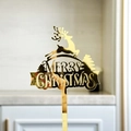 Golden mirror acrylic Merry Christmas cake topper with reindeer and tree cutouts - Gold Mirror Reindeer Merry Christmas