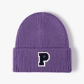 Purple knit beanie with letter P patch, cuffed ribbed acrylic hat for winter warmth - Purple