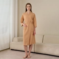 Camel waffle weave bathrobe for women and men featuring a V-neck and belted waist - Linen (Women)