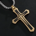 Double-layered gold and black cross pendant necklace with centered crystal on silver chain - Gold Black