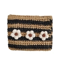 Gestreifte Häkel-Stroh-Umschlagtasche mit weißen Blumenanhängern in Schwarz und Beige - Beiger Blumenstil