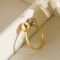 Minimalist gold plated open ring with one polished ball and one colorful zircon ball - Adjustable Open / Gold Multicolor Zircon Double Ball Style (13956)