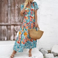 Abito lungo con scollo a V da donna con stampa floreale colorata e maniche corte per le vacanze - S / Verde
