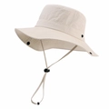 Detailed side view of a beige foldable wide brim sun hat with adjustable chin strap - Beige