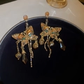 Macro shot of butterfly earrings with champagne crystals and long metallic tassels - Butterfly Tassel Style (HE8532) / Gold