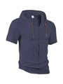 Navy blue short sleeve hooded linen shirt with drawstrings and button closure in size S - Navy Blue